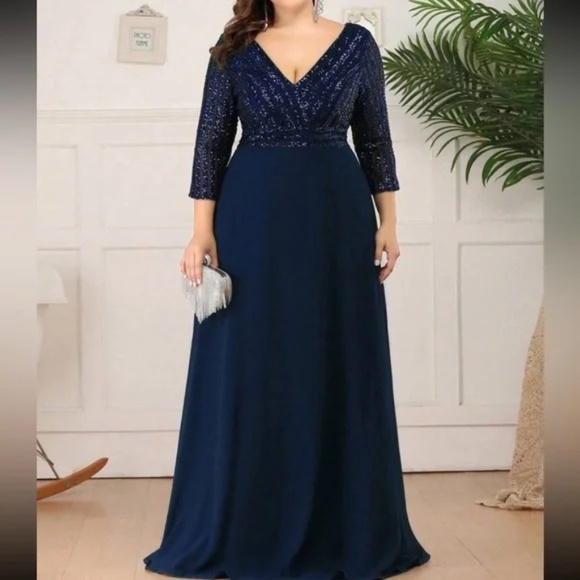 Plus sequin 3/4 sleeve Formal Prom Evening Party Wedding Dress - Picture 9 of 10